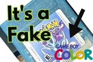 Fake Pokémon Crystal Game Boy Color cartridge with incorrect label art and 'It's a Fake' warning overlay.